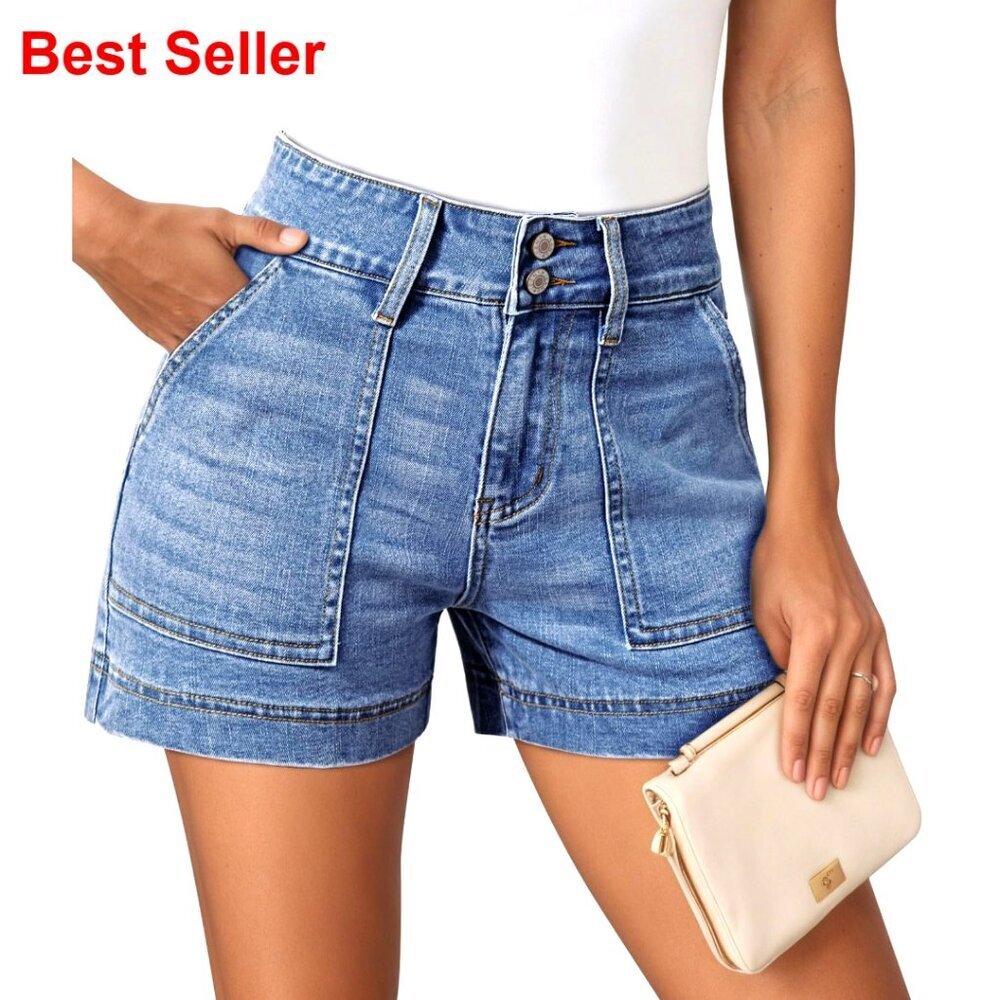 High Waisted Denim Shorts Vintage Patch Pocket Casual Summer